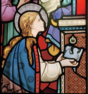 Maria ofrer duer ved templet, detalje fra østvinduet, 1864 (farvet glas)