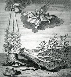 Emblematisk tryk, der henviser til henrettelsen af Charles I og Stuart-følgen, 1715