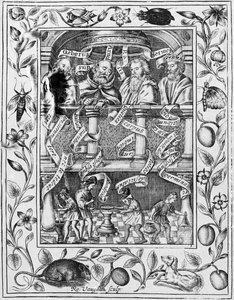Store alkymister inspirerer til arbejde i laboratoriet fra Theatrum Chemicum Britannicum, 1652