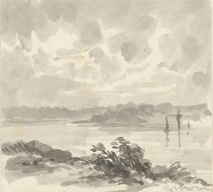 Landskab - Udsigt over en sø og bakker af Robert Walter Weir