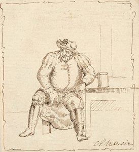 Skitse af siddende mand med krus, muligvis Falstaff