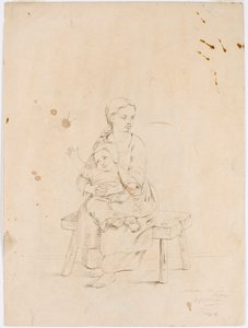 Ung kvinde sidder på en bænk med et lille barn i armene af Robert Wilhelm Ekman