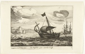 Dogger af hundestøvle Een Dogh-boot groot om 8 Last / Dogh-Boot de 8 Tonneaux (titel på objekt) Hollandse scheepstypen, 1627 (serietitel) Forskellige skibe Don ton se sert dans les Unies Provinces / Ikoner af forskellige hollandske skibe, hvis brug er maxi