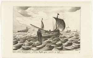 Haringbuizen Haring Buyssen groot omkring 40 Last / Buche ou Flibot de 40 Tonneaux (titel på objekt) Hollandse scheepstypen, 1627 (serietitel) Forskellige skibe Don ton se sert dans les Unies Provinces / Ikoner af forskellige hollandske skibe, hvis brug