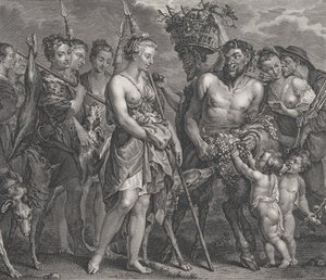 Diana vender tilbage fra jagten, ledsaget af hunde og hendes nymfer til venstre, to satyrer..., ca. 1808 af Robert de Launay