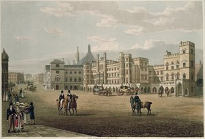 Udsigt over House of Lords and Commons, fra Old Palace Yard, pub. 1821 af Colnaghi und Co. (akvatint)