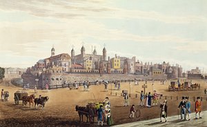 Udsigt over Tower of London og mynten, pub. af Colnaghi und Co, 1821 (farvet aquaint)