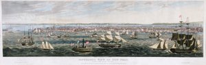 Panoramaudsigt over New York, fra East River, pub. 1844 (farve litho)