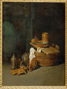 Stilleben med husholdningsredskaber (maleri på egetræ)