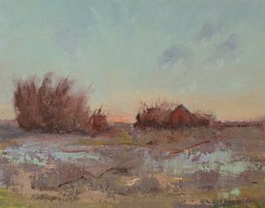 Granaries By The Slough, 2023 (olie på lærredspanel) af Roberta Murray