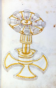 Krigskunst: undersøgelse af militærmaskiner. roterende kanon, illustration fra 