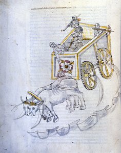 Krigskunst: undersøgelse af militærmaskiner. tank udstyret med le, illustration fra 