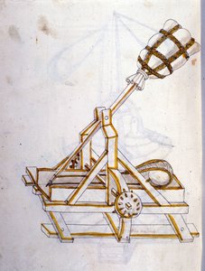 Krigskunst: undersøgelse af militærmaskiner. en katapult, illustration fra 