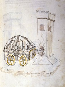 Krigskunst: undersøgelse af militærmaskiner. en maskine udstyret med karapace, der stormer et tårn, illustration fra 