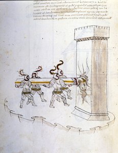 Krigskunst: undersøgelse af militærmaskiner. brug af vædder til at belejre et tårn, illustration fra 