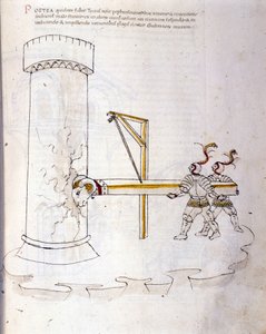 Krigskunst: undersøgelse af militærmaskiner. brug af vædder til at belejre et tårn, illustration fra 