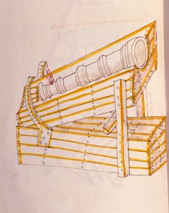 Krigskunst: undersøgelse af militærmaskineri. Canon poserer på sit ur med et system til at løfte det, illustration fra 