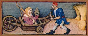 August - gammel kvinde i trillebør, 1400-tallet, 1939.