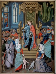Salomons dom To kvinder foregiver at være mor til det samme barn. Miniature taget fra "" Book of Hours af Charles d