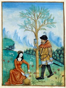 The Balm Recolation. En mand samler harpiksen, eller seven, der flyder fra et træ (Flora: balsamier), der bruges til medicin, mens en kvinde putter det i en tønde. Miniature i "" Book of simple doctors"" (Folio 187v) v.1520-1530. Enlumine fra Testard Tap