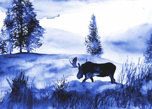 Et vinterlandskab med elge