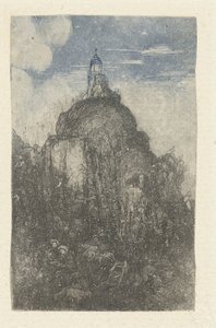 Bygger på en klippe og hviler hyrder med får ved foden af ​​klippen Le Phare Kapelle alpestre af Rodolphe Bresdin