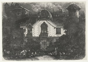 Hus med tårn bag et hegn og hyrdinde med kvæg La maison enchantee af Rodolphe Bresdin