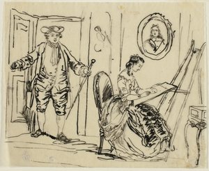 Interiør med mand og kvinde i 1700-talsdragter af Rodolphe Bresdin