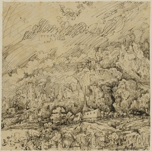Landskab med en gammel kirke af Rodolphe Bresdin