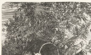 Mænd og hund med dreng ved en tønde Orientalsk scene af Rodolphe Bresdin