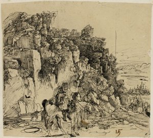 Bjerglandskab med ryttere af Rodolphe Bresdin