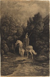 Orientalsk rytter i et øde bjerglandskab af Rodolphe Bresdin