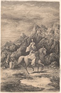 Orientalsk rytter i et øde bjerglandskab af Rodolphe Bresdin
