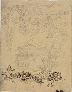 Skitser af bibelske scener, by ved sø, bjerglandsby, kriger af Rodolphe Bresdin