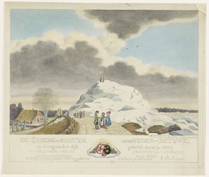 Is i Ochten, 1789 Isbjerget ved Ochten i Nedre Betuwe; på og imod diget pudret den 24. jan. 1789 (titel på objekt) af Roeland van Eynden