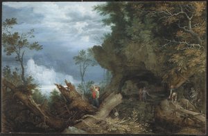 Bjerglandskab med en indgang til en mine, ca. 1612-13 (olie på bøgepanel) af Roelandt Jacobsz. Savery