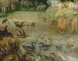 Dammen. Dyr, der drikker, ænder, der svømmer, en enhjørning i baggrunden (maleri på lærred)