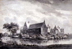 PD.645-1963 Slottet Marquette, Holland, ca.1646-47 (vask, kridt, pen og blæk på papir) af Roelandt Roghman