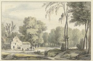 Landskab med vogn foran en gård af Roelant Roghman