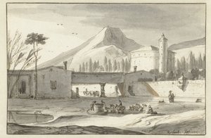 Bjergrigt, italiensk landskab med en rotundekirke af Roelant Roghman