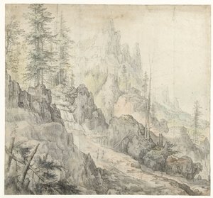 Bjerglandskab med et vandfald Bjerglandskab med vandfald af Roelant Savery