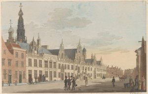 Breestraat i Leiden, ca. 1825 Udsigt over Breestraat og rådhuset i Leyden / Vue Sur la rue dite Breestraat et l
