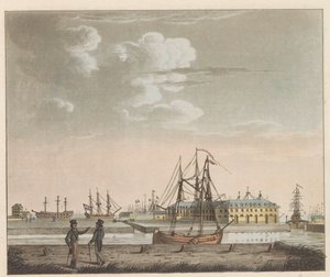 Rijkswerf Willemsoord, ca. 1825 Udsigt over Willemsoord på det klare - ved Nieuwendiep og indgangen til den store Noord-Hollandsch-kanal / Vue de Willemsoord au clear prês du Nieuwendiep, et L