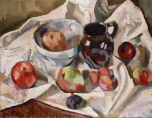 Stilleben med æbler, blommer og en kande, 1919