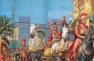 Alexander den Store, båret i sin vogn, rider i triumf ind i Babylon (farvelitografi)