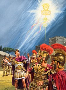 Konstantins vision af det kristne kors før slaget ved Den Milviske Bro (gouache på papir) af Roger Payne