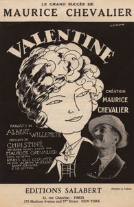 Forsiden af partituret til Maurice Chevaliers store succes "Valentine" tekst af Albert Willemetz musik af Christine editions Salabert, ca. 1925 (tryk) af Roger de Valerio