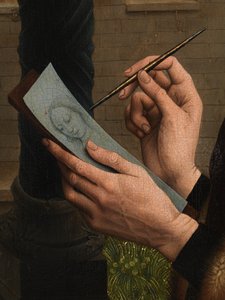 Detalje af Sankt Lukas tegner jomfruens portræt (olie på panel)