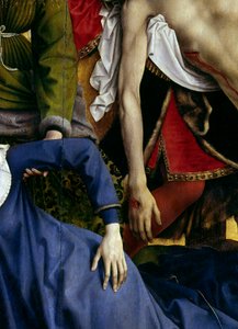 Afsætning eller nedstigning af korset. Detalje af den forsvundne jomfrus hånd og Kristi hånd. Rogier Altertavle (Roger) Van Der Weyden (1400-1464) 1435 Dim. 2,20 x 0,35 m Madrid, Prado-museet