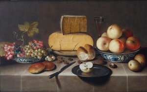 Ost på sølvfad, røde og hvide vindruer og æbler i wanli-skåle af porcelæn, rundstykker, en kniv og et skåret æble på en tallerken, alt sammen på et draperet bord, 1626 af Roloef Koets
